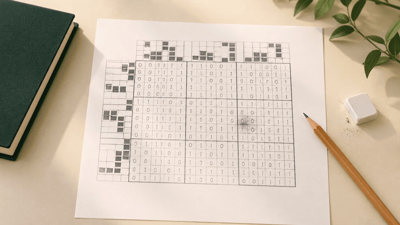 A pencil and eraser beside a paper Binary Puzzle grid being checked for a wrong cell