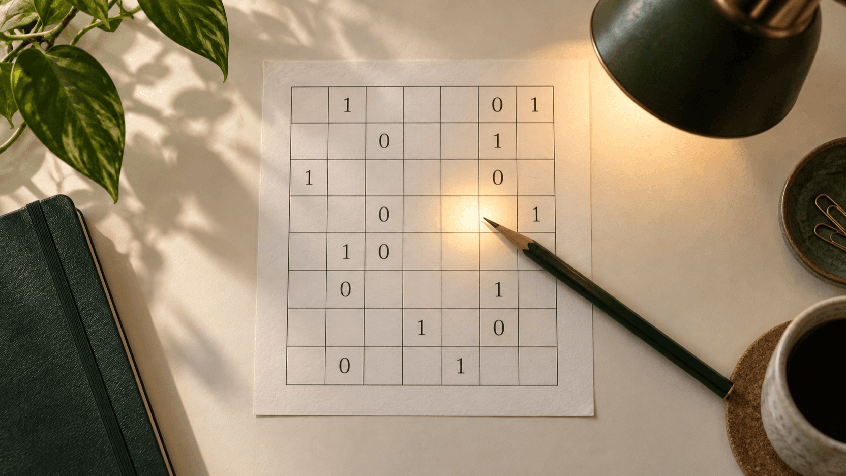 A paper Binary Puzzle grid with one blank cell illuminated and a pencil pointing to it