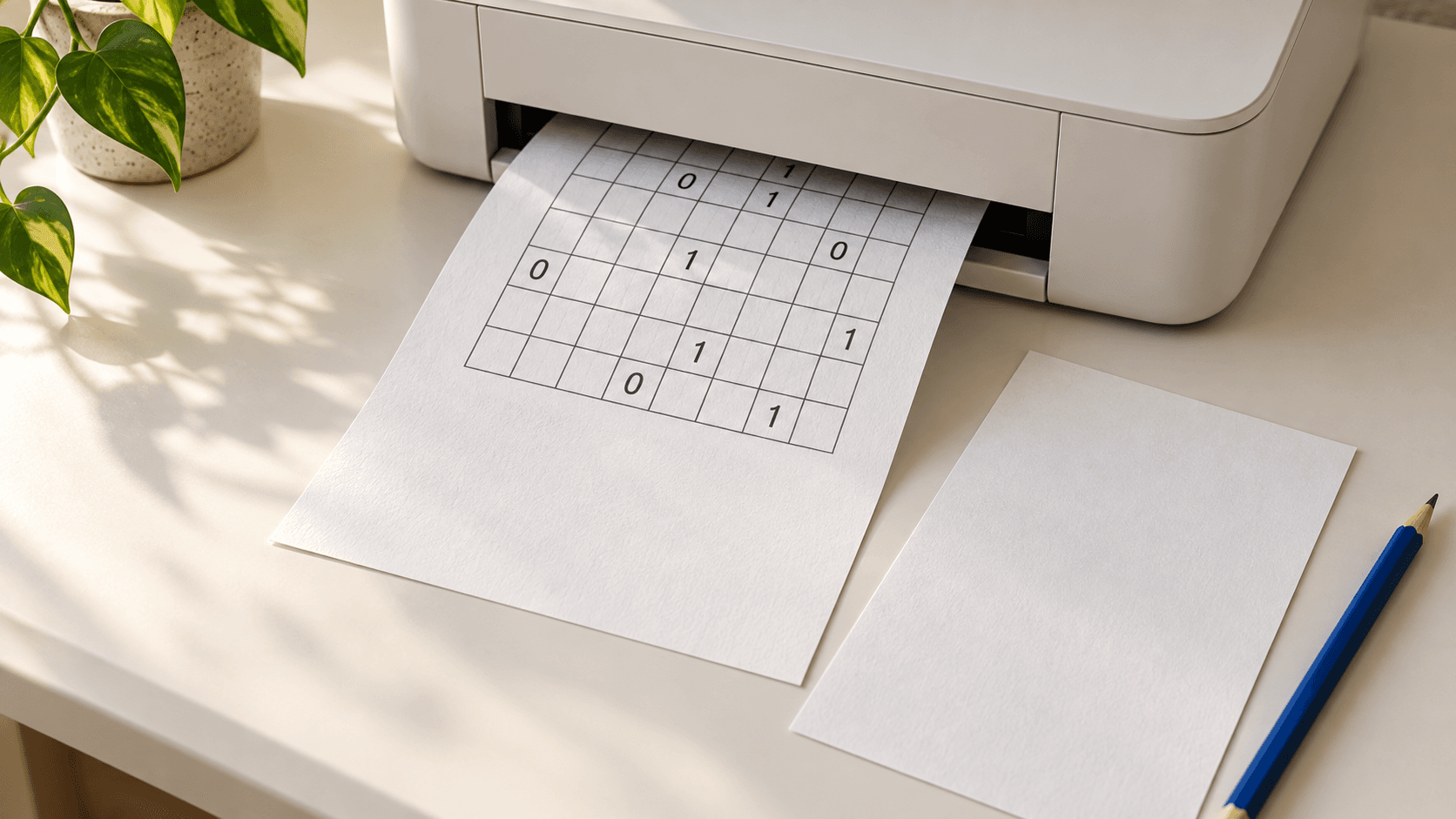 A printer produces a paper Binary Puzzle beside a face-down answer sheet and a blue pencil